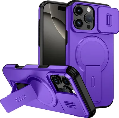 Image de Étui magnétique pour iPhone 16 Pro Max, étui durable à deux couches avec protection coulissante de l'appareil photo et support réglable Violet