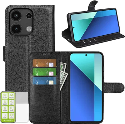 Produktbild von Für Xiaomi Poco M6 Pro 4G / Redmi Note 13 Pro 4G Handy Tasche Schwarz Etuis Kunst-Leder Hülle Case + H9 Hart Glas