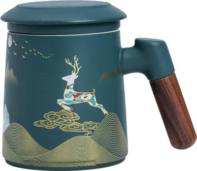 Zdjęcie produktu dla Ceramiczny kubek do herbaty Hanbosym z sitkiem i pokrywką, ręcznie malowany, pudełko upominkowe, 400 ml, zielony