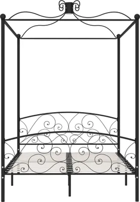 A black metal canopy bed frame shown from the front on a white background.