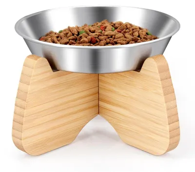 Image de Gamelle surélevée pour chat, en acier inoxydable, avec support en bambou (1 unité)