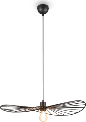 A black pendant light with a wide, fan-like shade and a visible light bulb, suspended from a black cord against a white background.