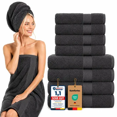 Produktbild von Komfortec 8er Handtuch Set aus 100% Baumwolle, 4 Badetücher 70x140 und 4 Handtücher 50x100 cm, Frottee, Weich, Towel Groß Anthrazit Grau