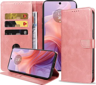 Produktbild von Geeignet für Motorola Moto E14 / G04 Handytasche Kunstleder mit magnetischer Lippe und Kartenhalter Buchhülle mit Klappe - Brieftasche mit Kartenfach - Pink Gold - Smartphonica