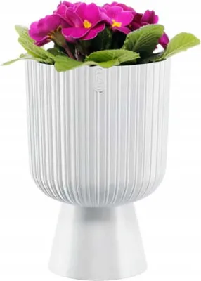 A white planter with pink flowers and green leaves.