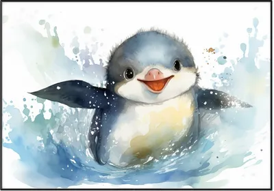 Produktbild von Wallario Wandbild Pinguin in Aquarell, Größe: 70,30 x 100,30 cm, Poster mit schwarzem Aluminiumrahmen