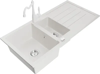 Immagine prodotto di Mexen Andres lavello in granito 1,5 vasca con scolapiatti e miscelatore da cucina Carla, bianco - 6515-20-670700-20