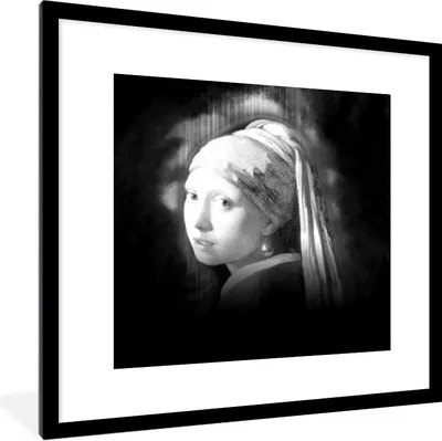 Produktbild von MuchoWow® Gerahmtes Poster Das Mädchen mit dem Perlenohrring - Johannes Vermeer - Schwarz und weiß 40x40 cm - Poster mit Schwarzem Bilderrahmen Wandposter Rahmen Foto Bilder - Poster - Plakat im Rahmen