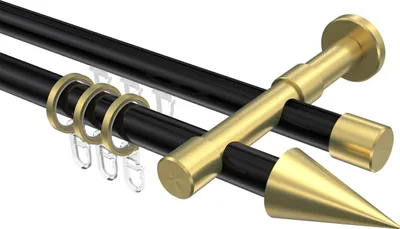 Produktbild von Interdeco Rundrohr-Innenlaufstange / Gardinenstange (Kombination) Schwarz / Messing-Optik, Typ Prestige Savio (Kegel), 20 mm Ø 2-läufig, 240 cm