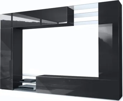 Produktbild von Vladon Wohnwand Mirage,  Germany, Anbauwand mit Rückwand mit 2 Türen, 2 Klappen und 6 offenen Glasablagen, Schwarz matt/Schwarz Hochglanz (262 x 183 x 39 cm)