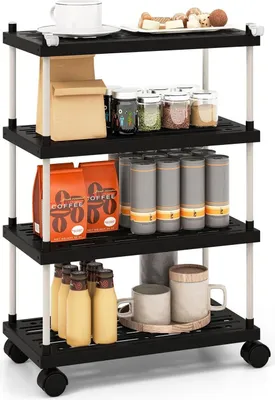 Produktbild von GOPLUS Aufbewahrungswagen mit 4 Ebenen, Küchenwagen mit Abtropfgestell & Seitenhaken, Servierwagen mit universalen & feststellbaren Rädern, Küchentrolley für Küche, Bad, Büro, Schwarz