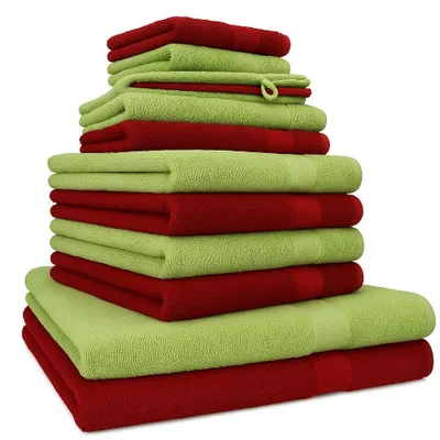 Produktbild von Betz 12-tlg. Handtuch-Set PREMIUM 2 Duschtücher 4 Handtücher 2 Gästetücher 2 Seiftücher 2 Waschhandschuhe  Farbe: rubinrot / avocadogrün