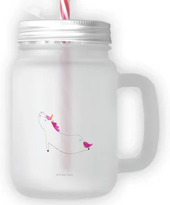 Produktbild von Mr. & Mrs. Panda Glas Einhorn Yoga - Transparent - Geschenk, Lustig, Süß, Trinkglas, mit deckel, Sport, Henkel, Unicorn, Namaste, Saftglas, Cocktailglas, Einhörner