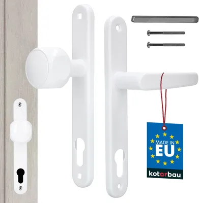A set of white door handles and a door knob with a tag that says "MADE IN EU".