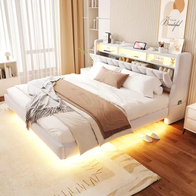 Obrázek produktu pro Postel s čalouněnou konstrukcí, rozměry 180 x 200 cm, s otevíratelnou opěrkou hlavy sloužící jako úložný prostor, zásuvkou, USB a Type-C porty, LED osvětlením ovládaným aplikací, moderním designem a potažením z veluru v béžové barvě