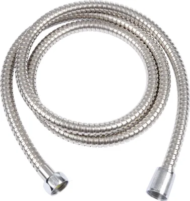 A coiled stainless steel shower hose against a white background.
