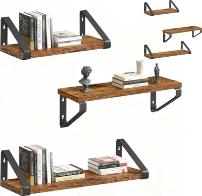 Immagine prodotto di Scaffale da parete Relaxdays, set da 6 pezzi, 3 misure: larghezza 30, 35, 40 cm, effetto legno e metallo, mensole da parete per libri e oggetti decorativi, marrone
