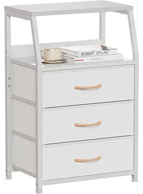 Image de Table de chevet, 3 tiroirs en tissu, 2 étagères, blanc