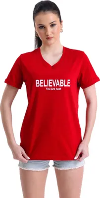 Produktbild von T shirt Royyen Zdn13 V Ausschnitt Baumwolle Damen mit Print – ROT / M