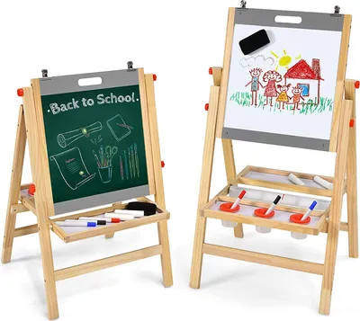 Produktbild von Doppelseitige Kindertafel aus Holz, höhenverstellbare 3 in 1 Kinder Spiel-Tafel, Whiteboard, Standtafel mit Zubehör, für Kinder ab 3 Jahren (Grau)