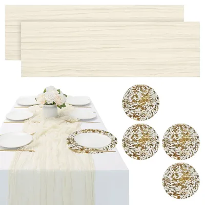 Tischdecken-Set: 2 beige Tischdecken + 4 goldene Mesh-Tischsets