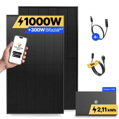 Produktbild von 1000W Balkonkraftwerk mit Speicher Solakon ONE (2,11 kWh) Solaranlage Steckerfertig WIFI Komplettset Photovoltaik Anlage 800W, Kabellänge: 3m