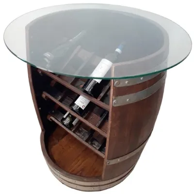 Produktbild von Casa Padrino Luxus Fass Stehtisch Braun / Silber Ø 78 x H. 80 cm - Massivholz Weinfass Bar Tisch mit Glasplatte und Weinregal - Garten Terrassen Gastronomie Bar Möbel