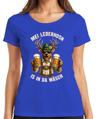 Immagine prodotto di Mei Lederhosn, maglietta da uomo in stile tradizionale bavarese, con motivo "Hirsch Bier", in pelle, taglia L, colore blu