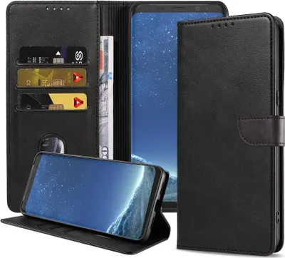 Zdjęcie produktu dla Etui na telefon Samsung Galaxy S8 ze sztucznej skóry z magnetyczną wargą i uchwytem na karty Etui z klapką - czarne - Smartphonics