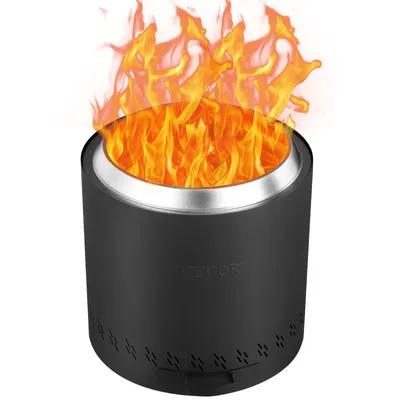 A black portable fire pit with flames coming out of the top, set against a white background.