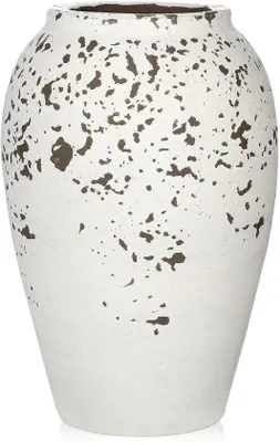 Produktbild von Keramische Tafelvaas 25 cm, handgefertigte Terrakotta-Vase, Vintage-Design, Woonkamer-Accessoire, Dekoration mit Pampasgras, rustikale Antiquitäten-Decoration, weiß.