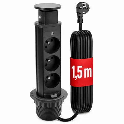 Produktbild von STOLMET Tower Power Schwarz Tischsteckdose versenkbar, 3x Typ E mit Erdungsstift, 2 m Kabel, Mehrfachsteckdose für Tischplatte Küche Büro Komplett