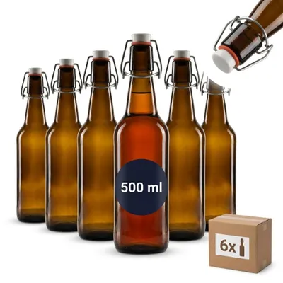 Produktbild von gouveo 6er Set Glasflasche 500 ml Antik mit Bügelverschluss - Bügelflasche 0,5 l aus Braunglas zum Befüllen - Bügelverschlussflasche