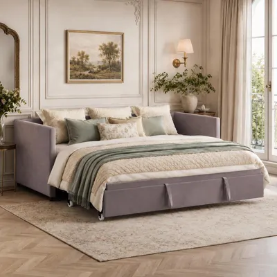 Immagine prodotto di Letto estraibile, modello divano letto, 90/180x200 cm, grigio, con struttura imbottita e rete a doghe