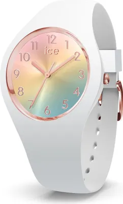 A close-up studio shot of a white Ice Watch with a rainbow-colored dial and rose gold accents.