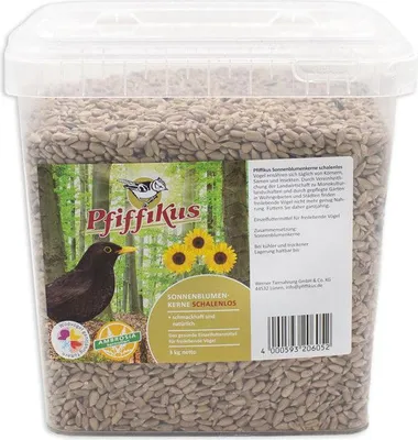 A clear plastic tub filled with sunflower seeds, featuring a label with a bird, sunflowers, and a blackbird.
