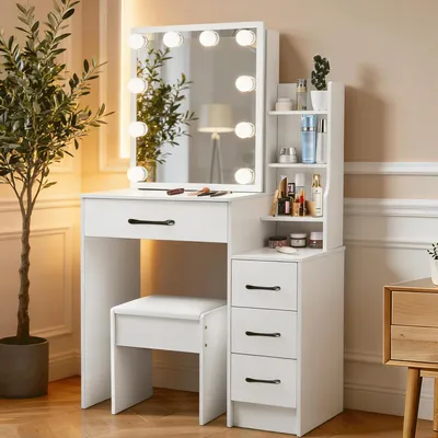 Zdjęcie produktu dla Stolik kosmetyczny z oświetleniem – toaletka z lustrem – do makijażu – regulowana jasność – 83x36x139 cm – biały