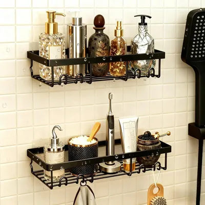 Produktbild von 2-teiliges Duschregal ohne Bohren, Aufbewahrungsregal mit Haken, Badezimmeraccessoire für Duschgel und Shampoo, für Bad und Küche (Schwarz)