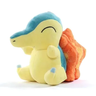 A plush toy of the Pokemon Cyndaquil sitting down, shown from the side.