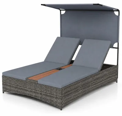Produktbild von KOMFOTTEU Sonnenliege für 2 Personen mit Sonnendach, Rattan Gartenliege mit 6-fach verstellbaren Rückenlehnen, Mitteltisch & 2 Getränkehaltern, Doppelliege mit Metallrahmen, Loungebett für Garten