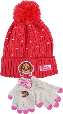 Produktbild von Paw Patrol Skye Kinder Winter Bommel Mütze mit Perlen plus Handschuhe – Rot / 52