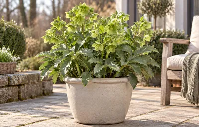 Obrázek produktu pro Korsická zvonice (Helleborus argutifolius) – stálezelená trvalka se zelenými květy, vhodná do zahrady i do květináčů, výška 15–20 cm včetně květináče