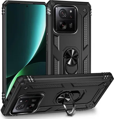 A black protective phone case with a ring stand is shown from multiple angles, with a phone partially visible.