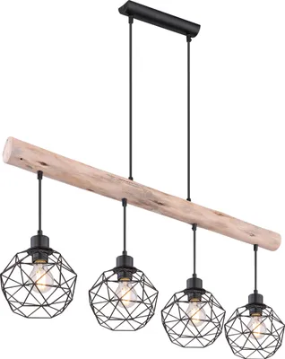 A four-light pendant lamp with a wooden beam and geometric metal shades.