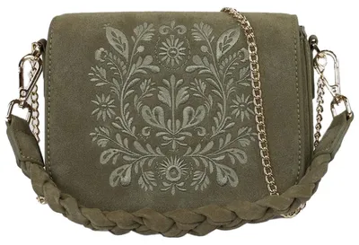 Produktbild von Seebach Handtasche oliv mit trachtiger Stickerei, Laschen für Dirndlschürze & zwei Tragegurte