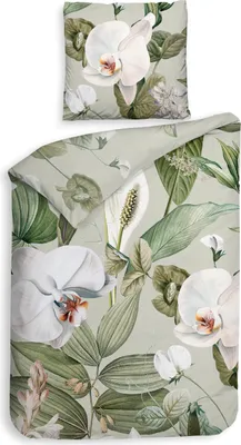 Productafbeelding van Heckettlane Botanico dekbedovertrek - 155x220 cm – Katoensatijn – Hoogwaardige beddengoed met print – Zacht – Ademend en huidvriendelijk – Inclusief kussensloop van 80x80 cm – Groen