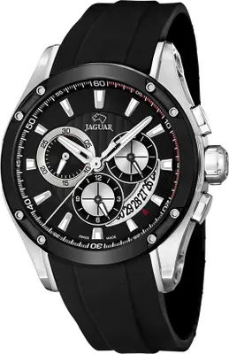 A close-up studio shot of a Jaguar men's chronograph watch with a black dial and black rubber strap, set against a white background.