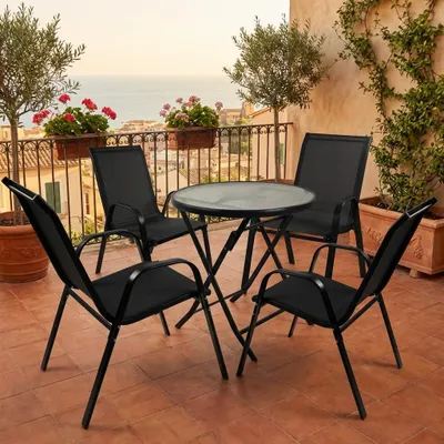 Produktbild von VCM 5-teilig Balkonmöbel Set, runder Gartentisch Ø 70 cm mit 4 Stühlen, Metall & Textilene, wetterbeständig, platzsparend für Balkon & Terrasse, Sonlas