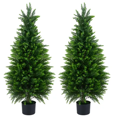 Image de COSTWAY, lot de 2 cèdres artificiels de 120 cm, cèdre artificiel, arbre artificiel avec pot, tronc et feuillage en PE, plantes vertes, plante décorative, vert