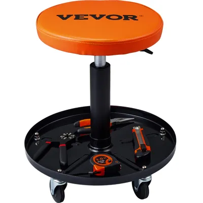 Zdjęcie produktu dla VEVOR Stołek mechaniczny na kółkach Stołek warsztatowy 113,4 kg, 406-559 mm Siedzisko warsztatowe o regulowanej wysokości, stołek warsztatowy z tacą na narzędzia, do garażu, sklepu, naprawy samochodów, czarny + pomarańczowy